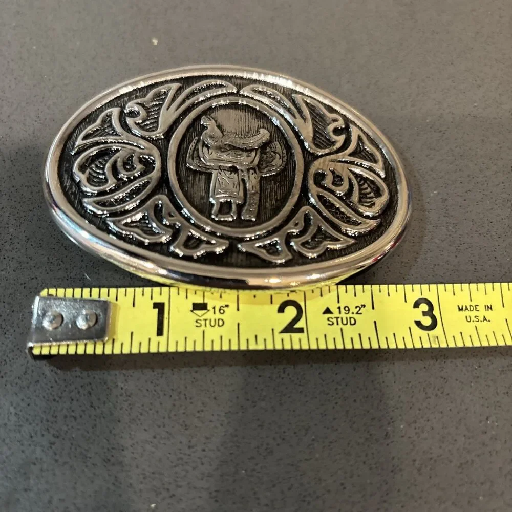 Vintage AVON Metal Silvertone Saddle Engraved Belt Buckle Western